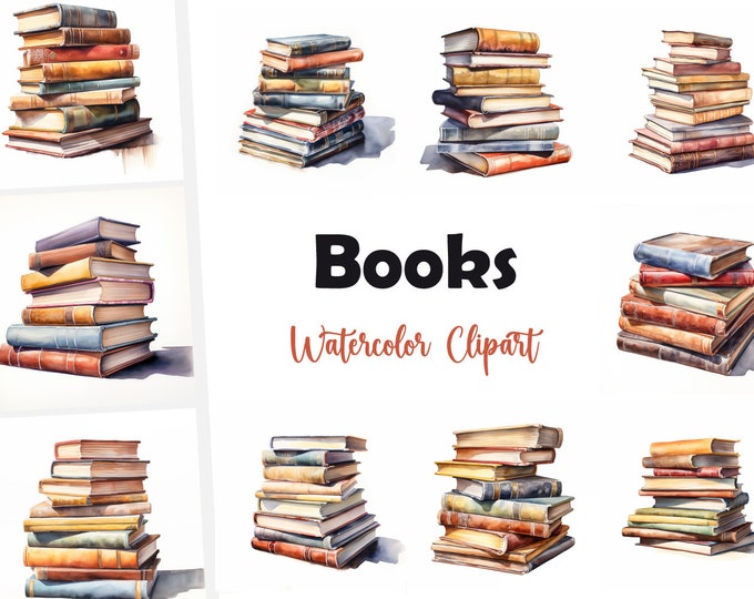 Books Clipart, Stack of Books Images, 10 Watercolor Clip Art, Printable JPGs, Instant Download, Commercial Use, Paper craft