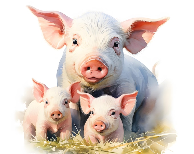 Piglet Family Clipart, Piglets Images, 10 Watercolor Clip Art, Printable JPGs, Instant Download, Commercial Use, Paper craft
