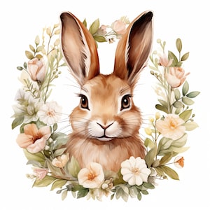 Hare with Flowers Clipart, Brown Rabbit Images, 10 Watercolor Clip Art, Printable JPGs, Instant Download, Commercial Use, Paper craft