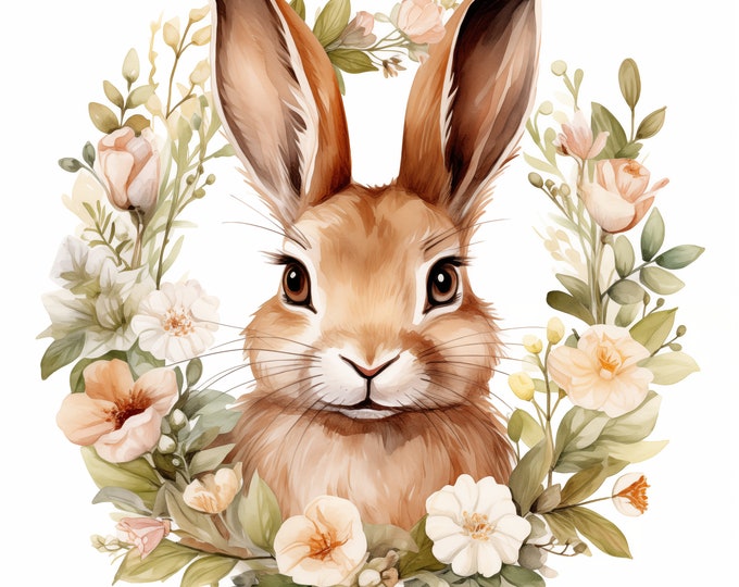 Hare with Flowers Clipart, Brown Rabbit Images, 10 Watercolor Clip Art, Printable JPGs, Instant Download, Commercial Use, Paper craft