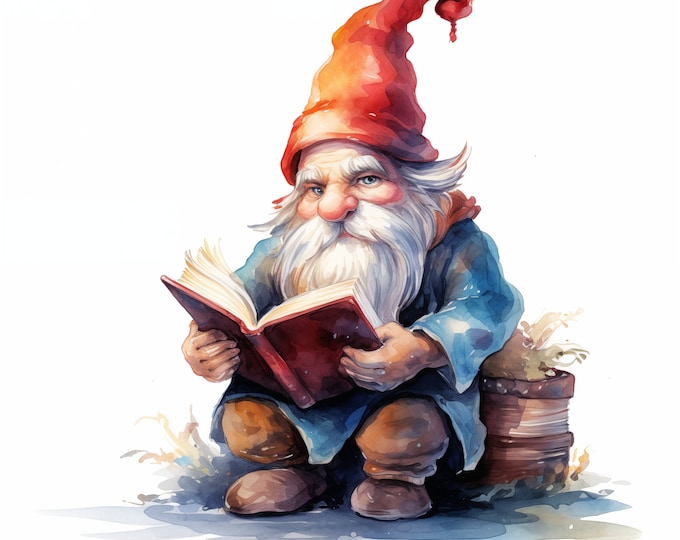 Book Gnome Clipart, Gnome with Book Images, 10 Watercolor Clip Art, Printable JPGs, Instant Download, Commercial Use, Paper craft