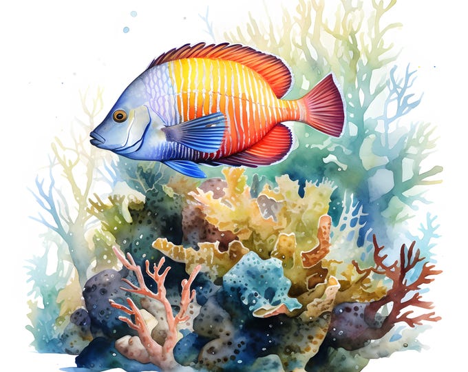 Coral Fish Clipart, Corals And Tropical Fishes Images, 10 Watercolor Clip Art, Printable JPGs, Instant Download, Commercial Use, Paper craft