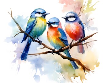 水彩画の鳥のクリップアート：春の鳥の画像（JPG 即時ダウンロード