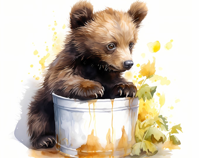 Bear Cub with Honeypot Clipart, Bear Honey Images, 10 Watercolor Clip Art, Printable JPGs, Instant Download, Commercial Use, Paper craft