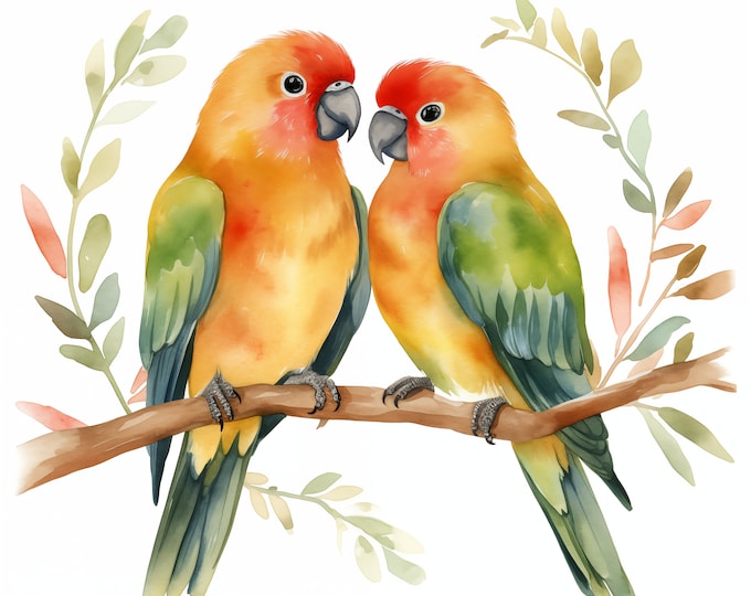 Lovebirds Clipart, Romantic Birds, Bird Couple Images, 10 Watercolor Clip Art, Printable JPGs, Instant Download, Commercial Use, Paper craft