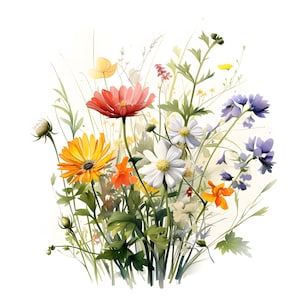 Watercolor Wildflower Clipart: Floral Bouquet Images (JPG Digital Download)