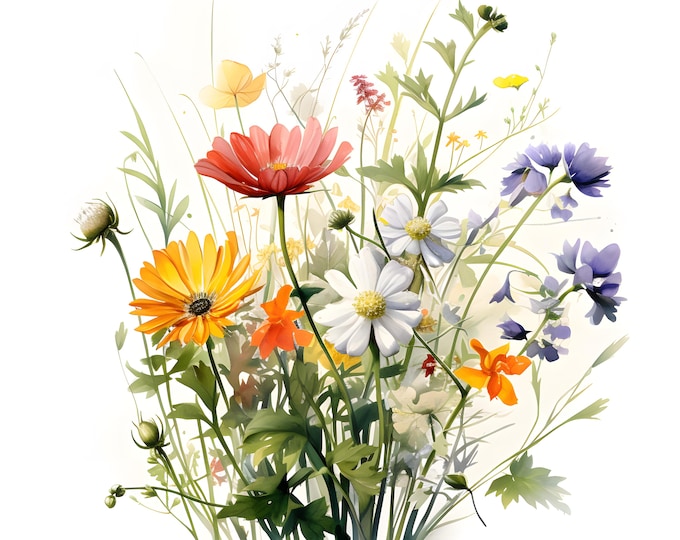 Wildflowers Clipart, Wild Flowers Bouquet Images, 10 Watercolor Clip Art, Printable JPGs, Instant Download, Commercial Use, Paper craft