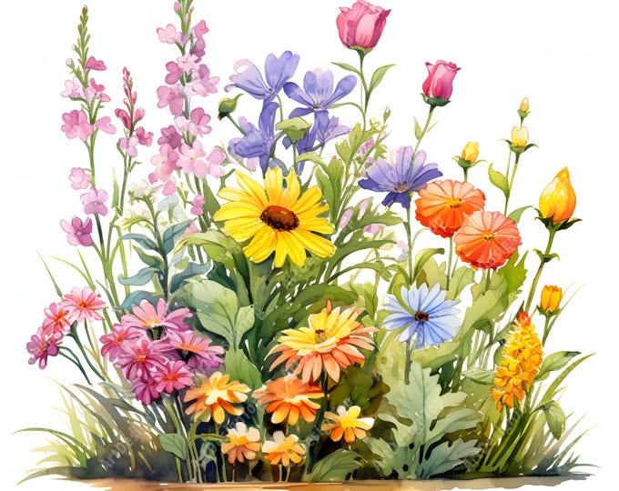 Wild Flowers Clipart, Wildflower Flowerbed Images, 10 Watercolor Clip Art, Printable JPGs, Instant Download, Commercial Use, Paper craft