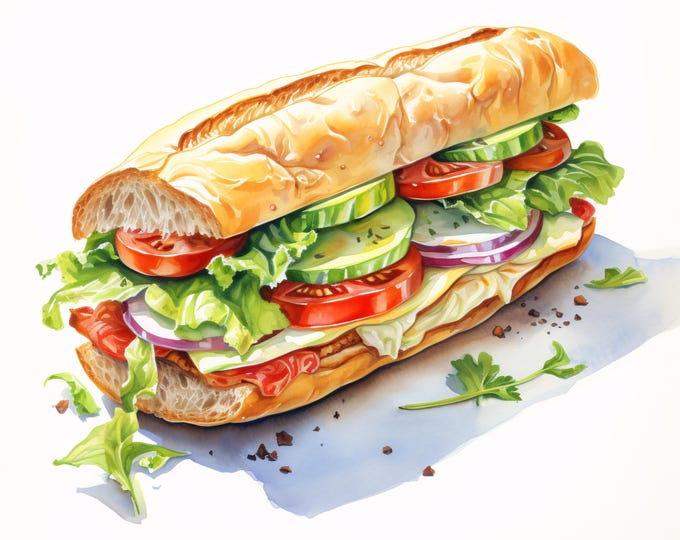 Fresh Sandwich Clipart, Healthy Food Images, 10 Watercolor Clip Art, Printable JPGs, Instant Download, Commercial Use, Paper craft