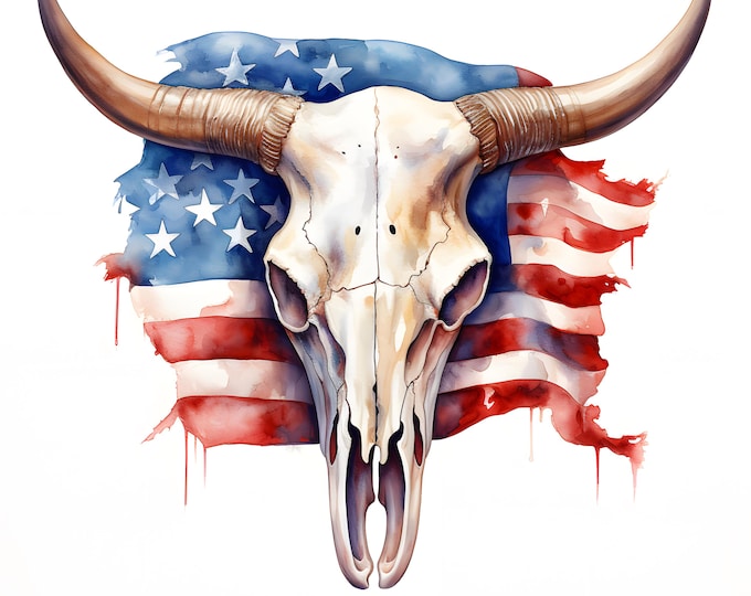 Cow Skull With Usa Flag Clipart, USA Cow Skull Images, 10 Watercolor Clip Art, Printable JPGs, Instant Download, Commercial Use, Paper craft