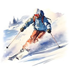 Clipart ski, images de skieur, 10 images clipart aquarelle, fichiers JPG imprimables, téléchargement immédiat, usage commercial, créations en papier
