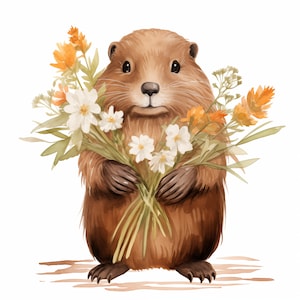 Beaver Clipart, Beaver with Flowers Images, 10 Watercolor Clip Art, Printable JPGs, Instant Download, Commercial Use, Paper craft