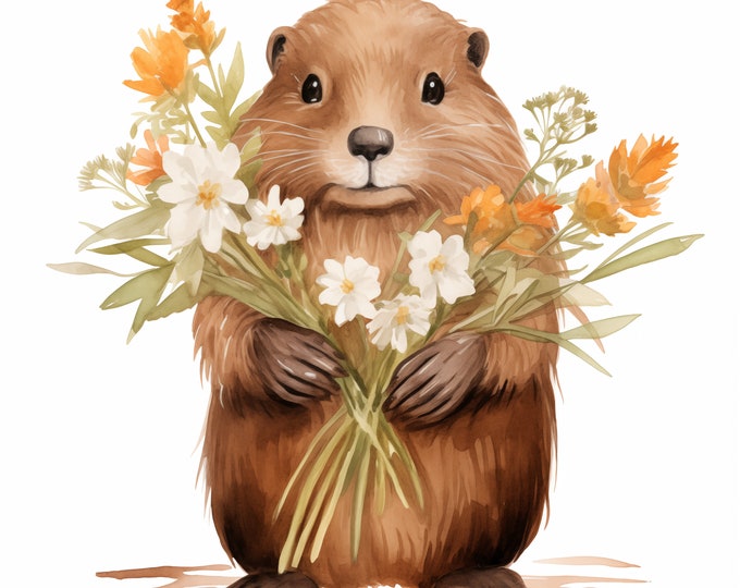 Beaver Clipart, Beaver with Flowers Images, 10 Watercolor Clip Art, Printable JPGs, Instant Download, Commercial Use, Paper craft
