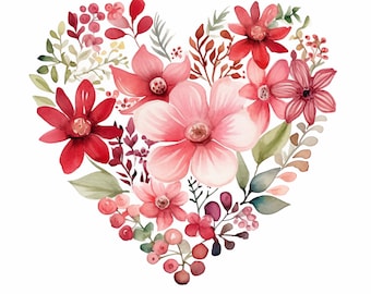 Watercolor Floral Heart Clipart: Valentine's Day JPG Images (Commercial Use)
