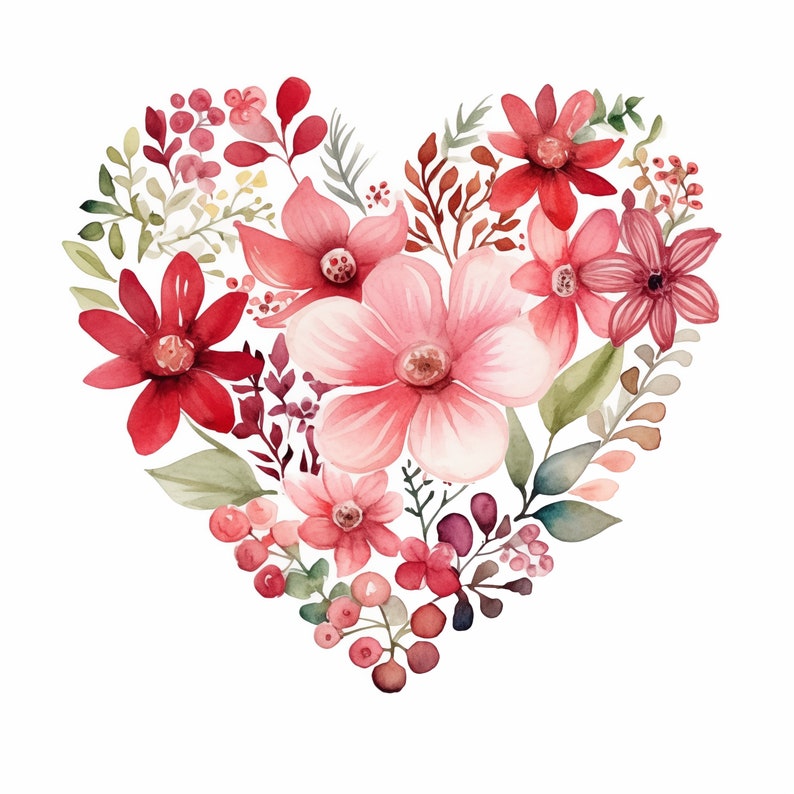 Floral Heart Clipart, Valentine's Day Images, 10 Watercolor Clip Art