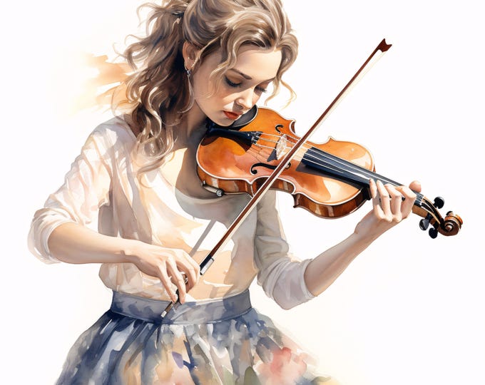 Violin Girl Clipart, Musician Playing Violin Images, 10 Watercolor Clip Art, Printable JPGs, Instant Download, Commercial Use, Paper craft