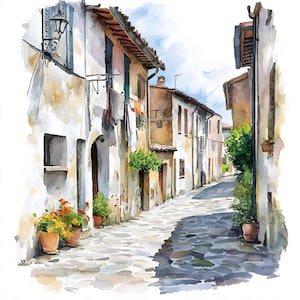 Watercolor Italian Village Clipart: Printable Street Scene (JPGs)