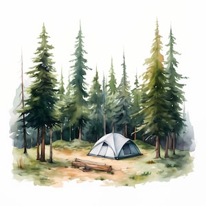 Imágenes de campamento, imágenes de campamento en el bosque, 10 imágenes prediseñadas de acuarela, archivos JPG imprimibles, descarga instantánea, uso comercial, manualidades de papel
