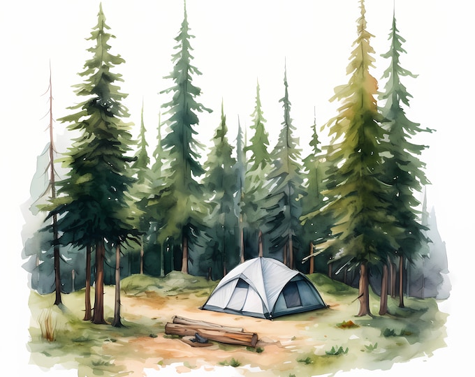 Camping Clipart, Camp in Forest Images, 10 Watercolor Clip Art, Printable JPGs, Instant Download, Commercial Use, Paper craft