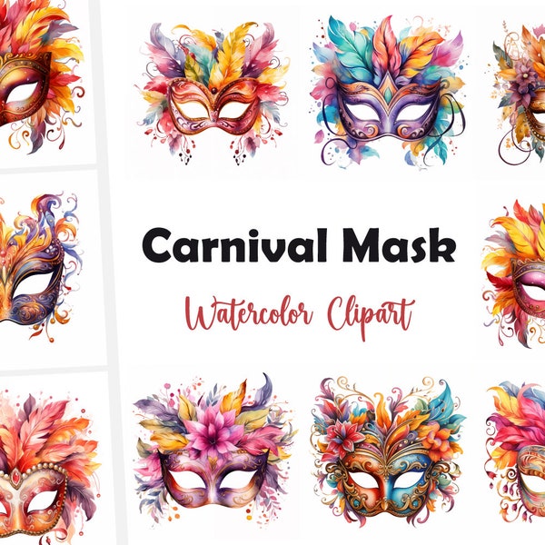 10 Carnival Mask Clipart, Carnival Mask JPG, Carnival of Venice, Watercolor Clipart, Digital Download, High Resolution, Commercial Use