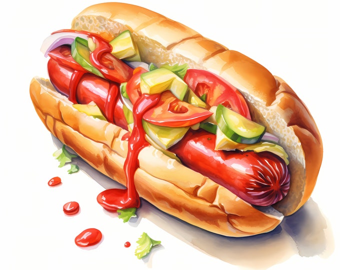 Hot Dog Clipart, American Hotdog, Fast Food Images, 10 Watercolor Clip Art, Printable JPGs, Instant Download, Commercial Use, Paper craft