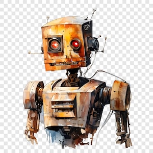 May include: A watercolour illustration of a retro robot. It has a square head, red eye lenses, and a rusty orange and brown colour scheme. The robot features antennas and a detailed mechanical body.