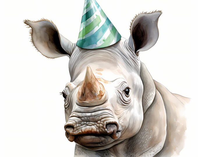 Rhino Clipart, Rhinoceros with Party Hat Images, 10 Watercolor Clip Art, Printable JPGs, Instant Download, Commercial Use, Paper craft