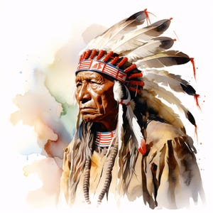 May include: Watercolor portrait of a Native American man wearing a feathered headdress with red and white accents. The man has a serious expression, and the artwork features a soft, colorful background.