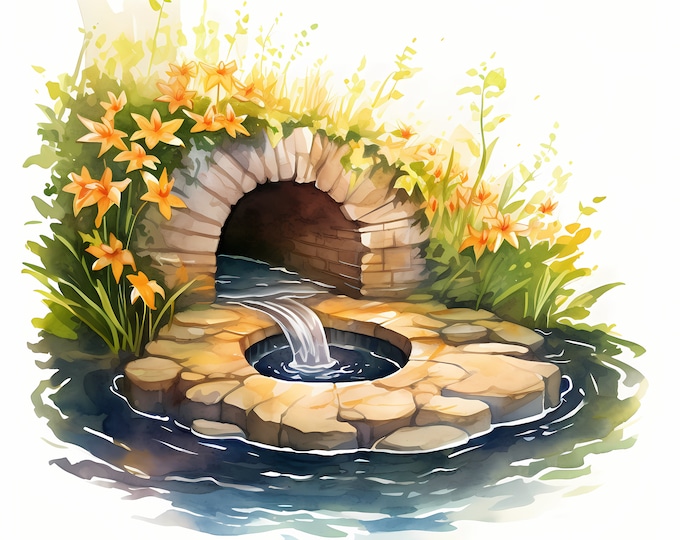 Spring Wells Clipart, Water Well Images, 10 Watercolor Clip Art, Printable JPGs, Instant Download, Commercial Use, Paper craft