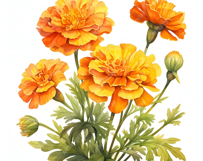Marigolds Clipart, Marigold Bouquet Images, 10 Watercolor Clip Art, Printable JPGs, Instant Download, Commercial Use, Paper craft