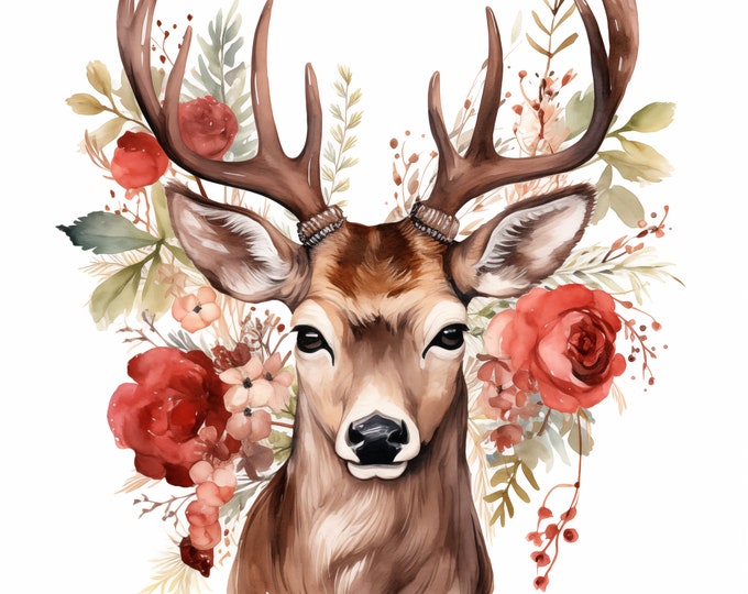 Red Deer Clipart, Deer with Flowers Images, 10 Watercolor Clip Art, Printable JPGs, Instant Download, Commercial Use, Paper craft