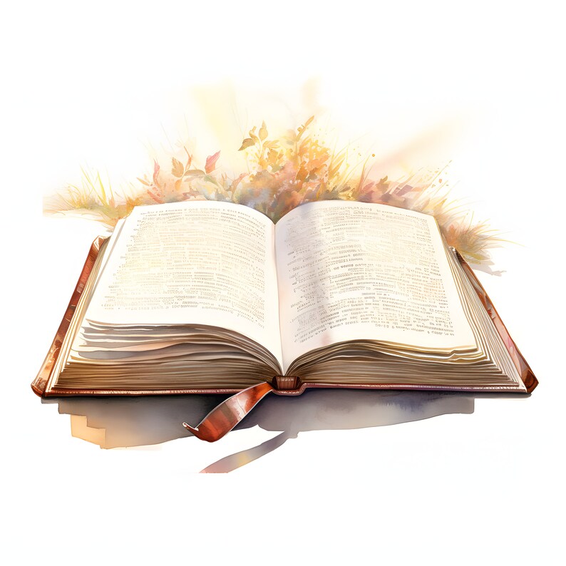 May include: An open book with aged, yellowed pages and a brown leather cover. The book is surrounded by a watercolor illustration of autumn leaves and grasses.