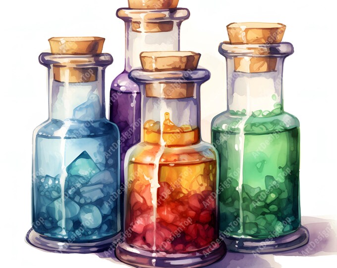 Potions Clipart, Colored Glass Bottles Images, 10 Watercolor Clip Art, Printable JPGs, Instant Download, Commercial Use, Paper craft