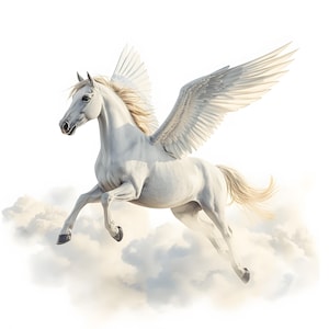 Puede incluir: Un majestuoso Pegaso blanco con grandes alas emplumadas, volando sobre nubes esponjosas. La criatura mítica tiene una melena y cola fluidas, con las patas extendidas en pleno vuelo. La imagen está sobre un fondo blanco brillante.