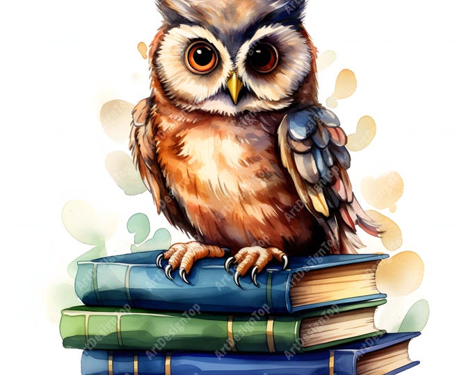 Cute Owl Clipart, Owl Sitting On Books Images, 10 Watercolor Clip Art, Printable JPGs, Instant Download, Commercial Use, Paper craft