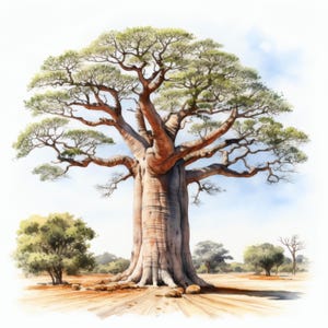Puede incluir: Pintura a la acuarela de un gran árbol de baobab con un tronco grueso y ramas extendidas. El árbol tiene follaje verde y se encuentra en un paisaje de sabana con otros árboles y un cielo azul.