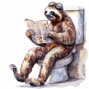 Clipart luiaard, afbeeldingen luiaard op het toilet, 10 aquarel-illustraties, afdrukbare JPG's, Instant Download, Commercieel gebruik, Papercraft