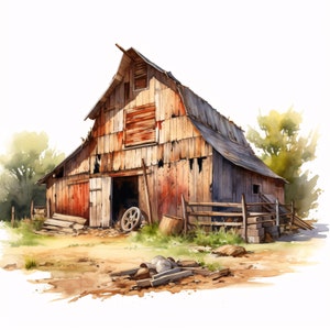 Imágenes de graneros abandonados, imágenes de graneros agrícolas, 10 imágenes prediseñadas de acuarela, archivos JPG imprimibles, descarga instantánea, uso comercial, manualidades de papel