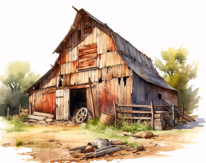 Abandoned Barn Clipart, Farm Barns Images, 10 Watercolor Clip Art, Printable JPGs, Instant Download, Commercial Use, Paper craft