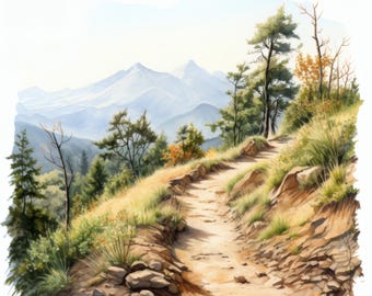 Clipart di sentieri di montagna, immagini di paesaggi montani, 10 clipart ad acquerello, JPG stampabili, download istantaneo, uso commerciale, creazione di carta