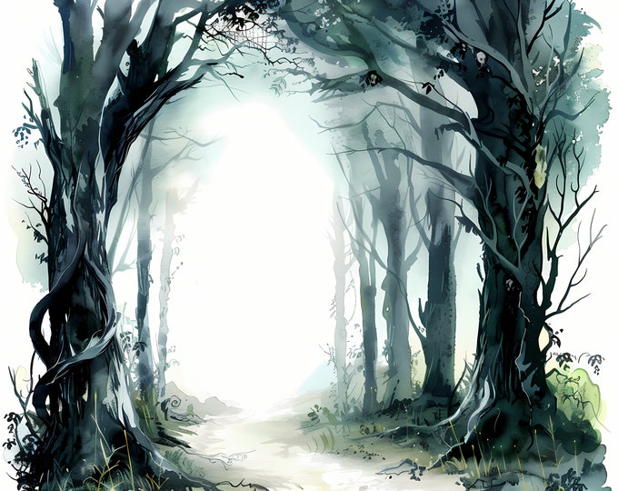 Gothic Forest Clipart, Enchanted Trees Images, 10 Watercolor Clip Art, Printable JPGs, Instant Download, Commercial Use, Paper craft