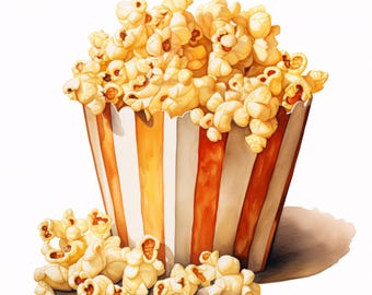 Watercolor Popcorn Clipart: Snack Food JPG Images for Commercial Use (Instant Download)