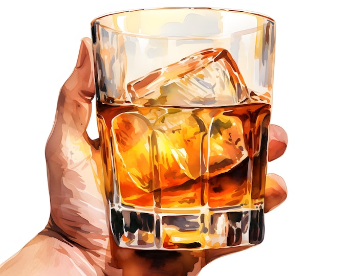 Whiskey in Hand Clipart, Whiskey Glass Images, 10 Watercolor Clip Art, Printable JPGs, Instant Download, Commercial Use, Paper craft