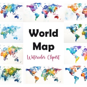 Clipart de carte du monde, Images de carte du monde, 10 images clipart aquarelle, fichiers JPG imprimables, téléchargement immédiat, usage commercial, créations en papier