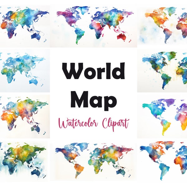 10 World Map Clipart, World Map JPG, Watercolor Clipart, High Quality JPGs, Digital Download, High Resolution, Commercial Use