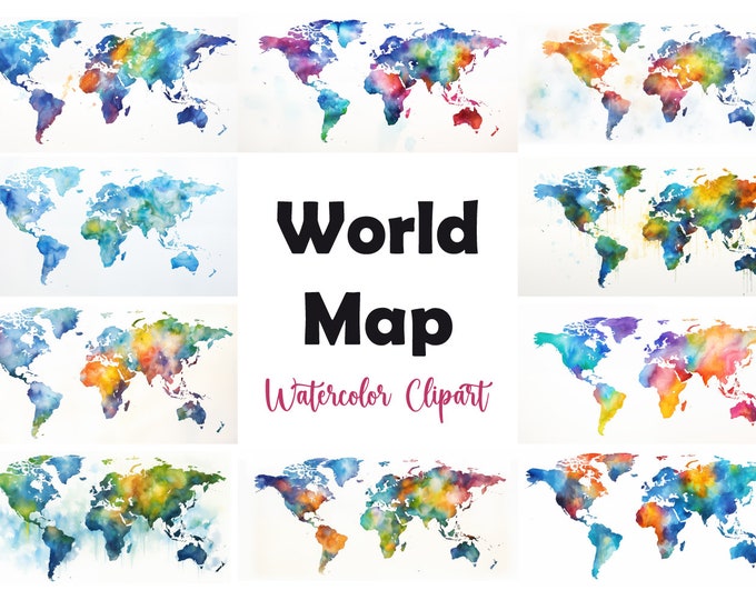 World Map Clipart, World Map Images, 10 Watercolor Clip Art, Printable JPGs, Instant Download, Commercial Use, Paper craft