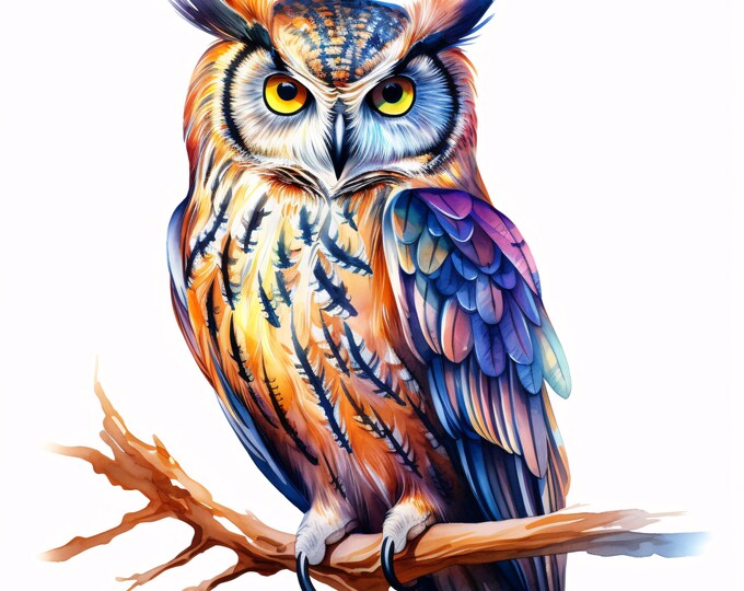 Owl Clipart, Colorful Bird Images, 10 Watercolor Clip Art, Printable JPGs, Instant Download, Commercial Use, Paper craft