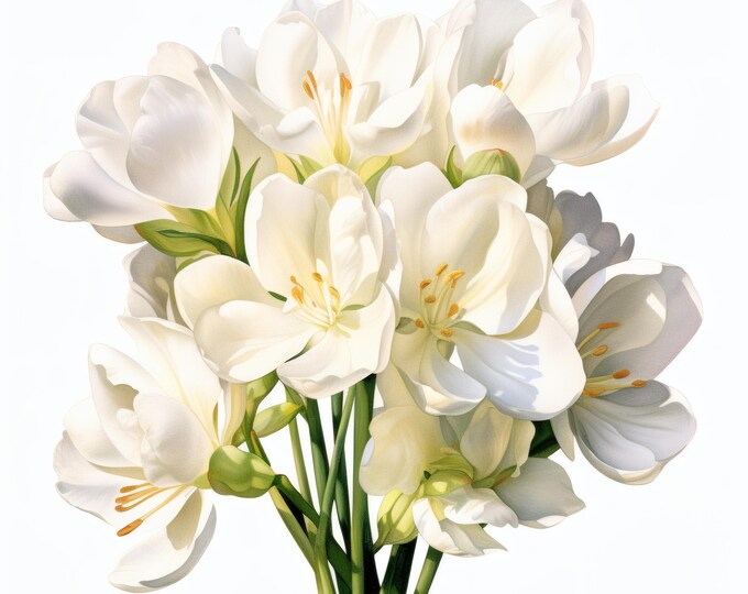 White Freesia Clipart, Flowers Bloom Images, 10 Watercolor Clip Art, Printable JPGs, Instant Download, Commercial Use, Paper craft