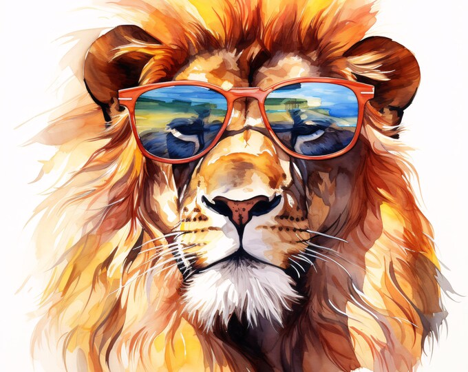 Cool Lion Clipart, Sunglasses Animal Images, 10 Watercolor Clip Art, Printable JPGs, Instant Download, Commercial Use, Paper craft