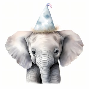 Elefante Clipart, Elefante com Imagens de Chapéu de Festa, 10 Aquarela Clip Art, JPGs para Impressão, Download Instantâneo, Uso Comercial, Papel Artesanal